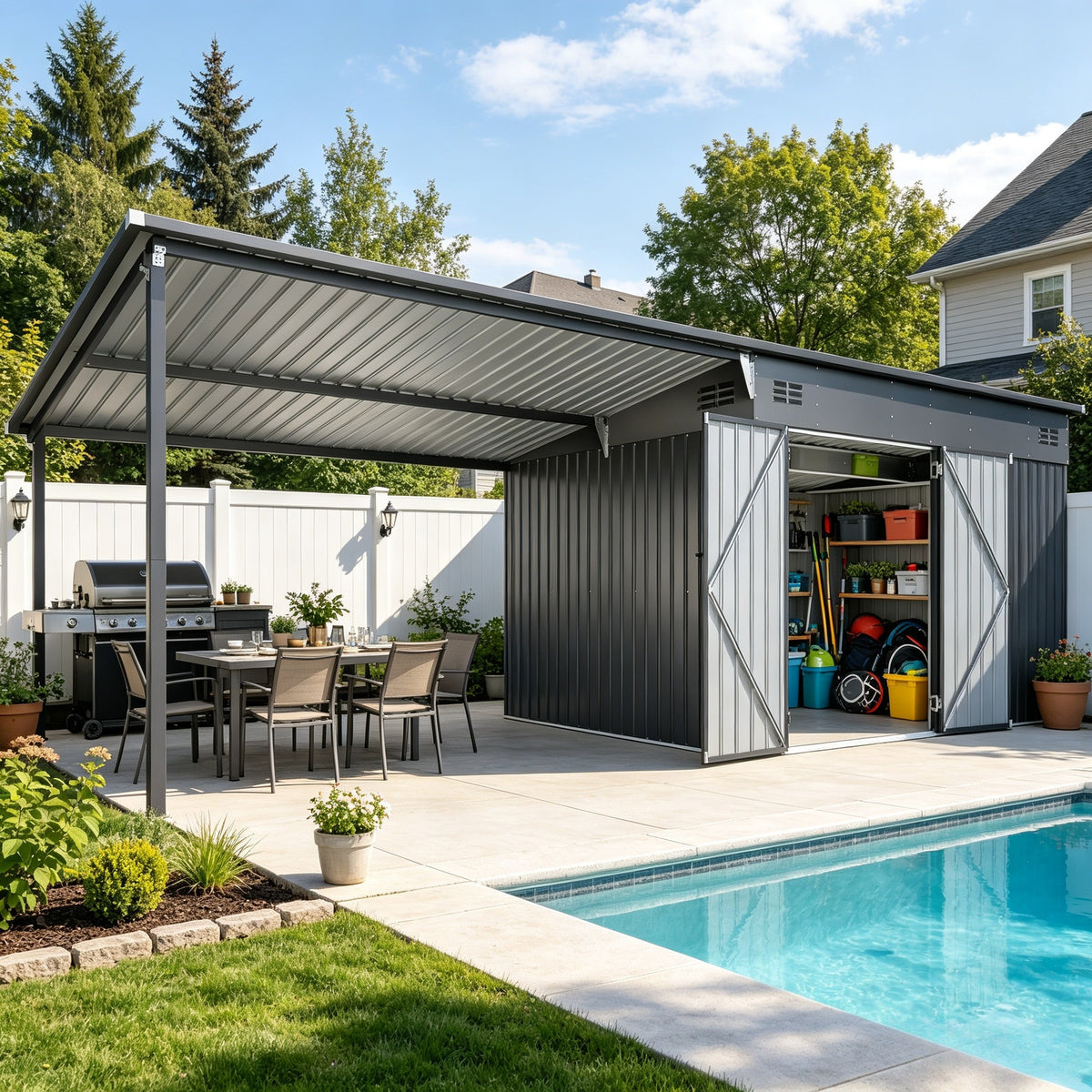 YODOLLA 20x8 FT Metal Outdoor Storage Shed with Pergola Hardtop Combo