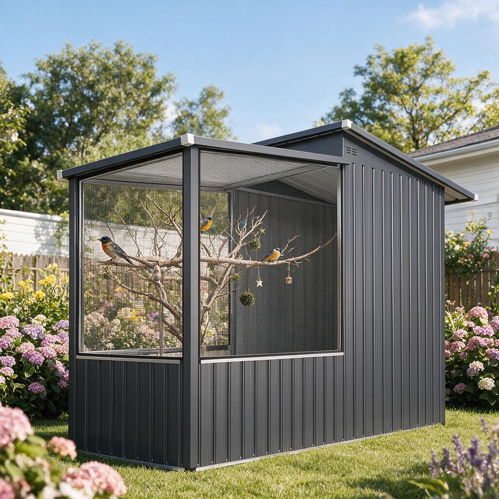 YODOLLA 3'x8' Metal Outdoor Storage Shed with Mesh Window, Garden Shed