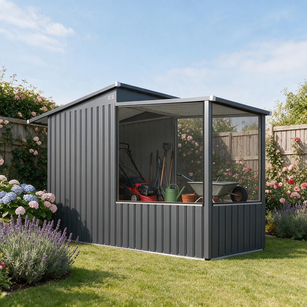 YODOLLA 3'x8' Metal Outdoor Storage Shed with Mesh Window, Garden Shed