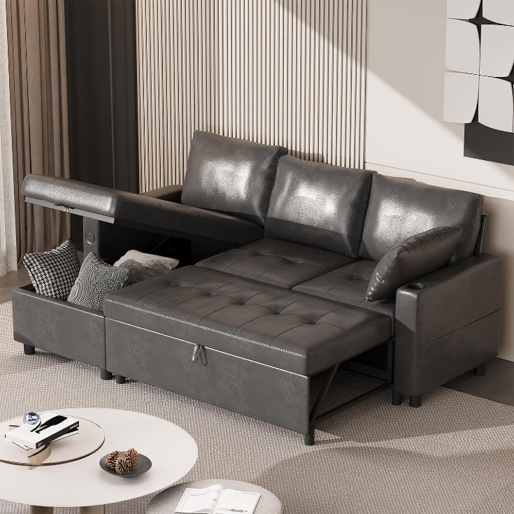 YODOLLA Faux Leather L-Shaped Sleeper Sofa, Pullout Bed, USB & Storage, Black