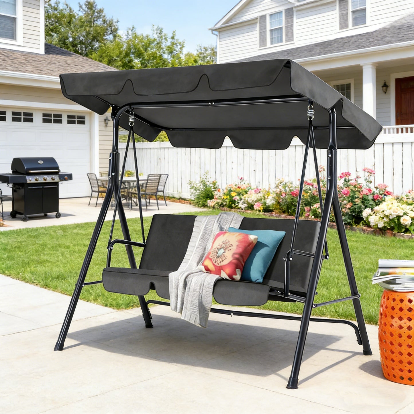 YODOLLA 3-Seat Outdoor Patio Swing with Canopy, Gray