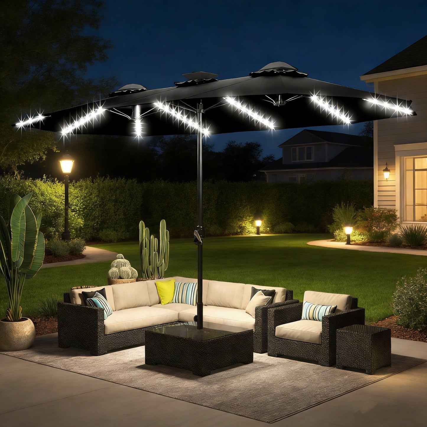 YODOLLA 15ft Patio Umbrella with Solar Lights, Black