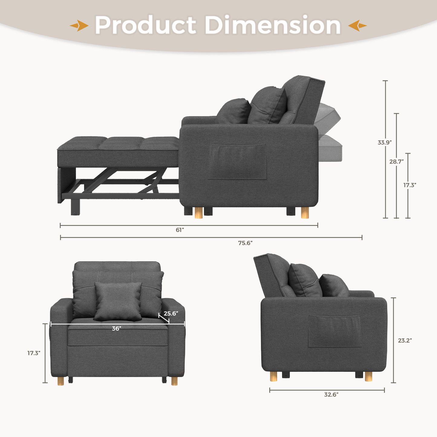 YODOLLA Sleeper Chair, 3-1 Convertible Chair Bed Pull Out Single Sofa Bed, Modern Grey