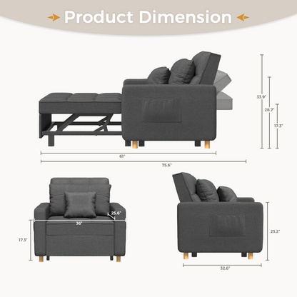 YODOLLA Sleeper Chair, 3-1 Convertible Chair Bed Pull Out Single Sofa Bed, Modern Grey
