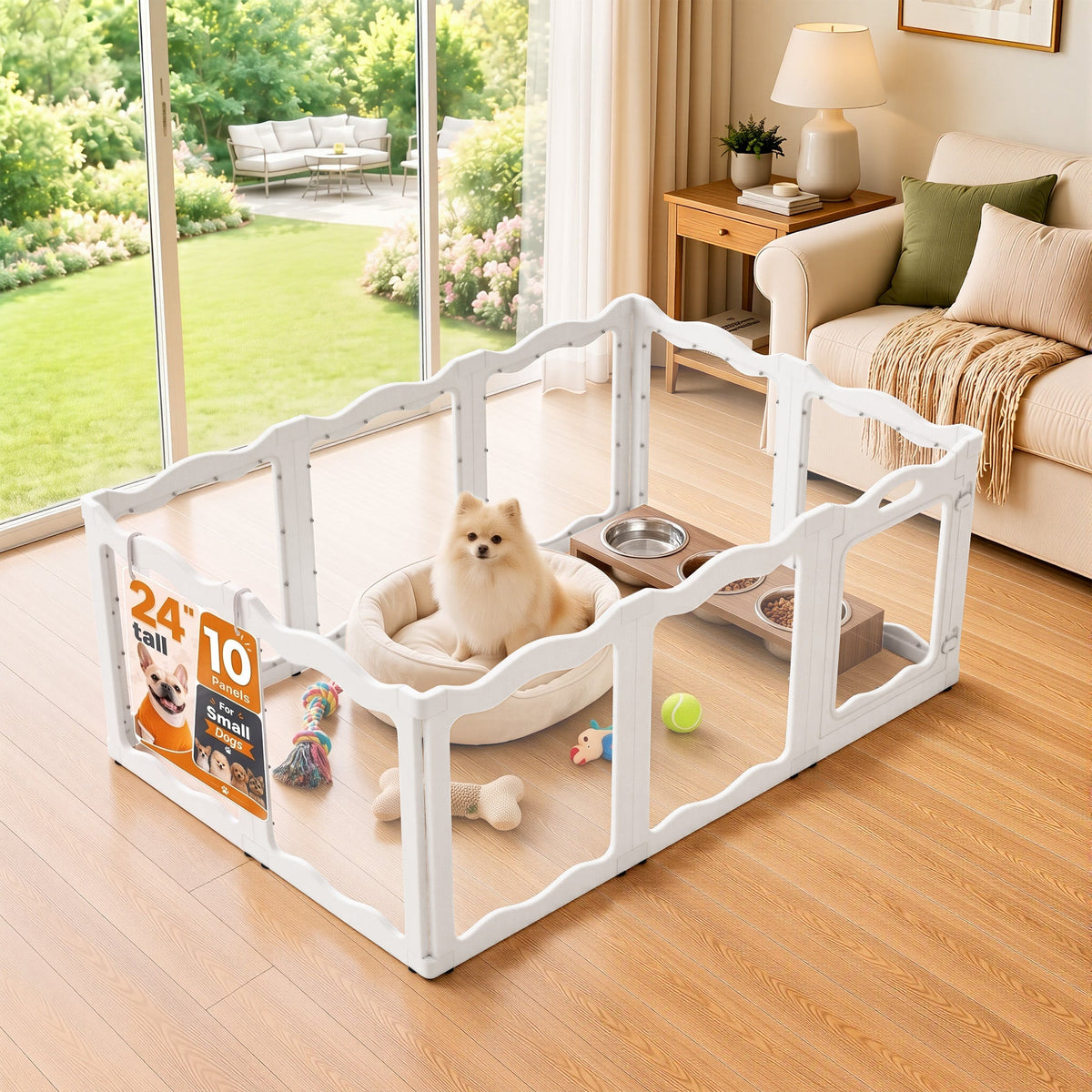 YODOLLA Pet Clear Acrylic Dog Playpen Indoor w/Door, 24" H, 10 Panels, White