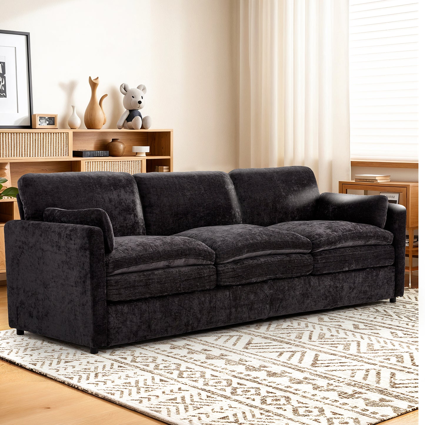 YODOLLA 89" Chenille Sofa, 3-Seater, 2 Removable Pillows, Black