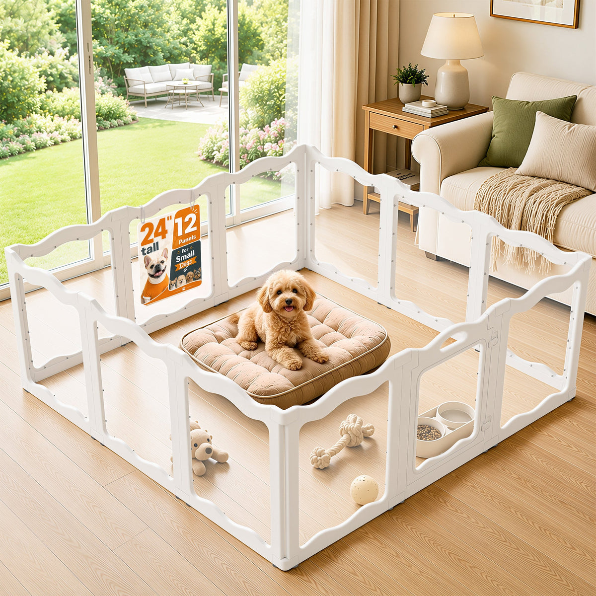 YODOLLA Pet Clear Acrylic Dog Playpen Indoor w/Door, 24" H, 12 Panels, White