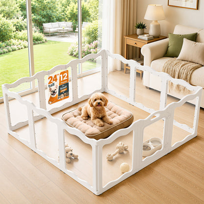 YODOLLA Pet Clear Acrylic Dog Playpen Indoor w/Door, 24" H, 12 Panels, White