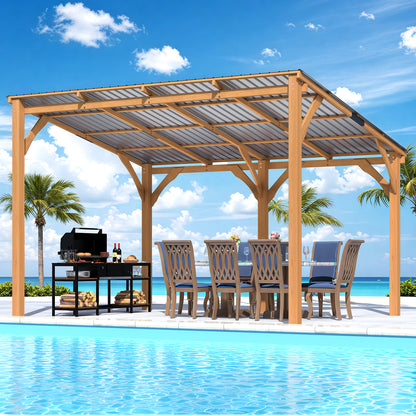 YODOLLA 12' x 10' Outdoor Wood Gazebo Lean to Hardtop Cedar Pergolas
