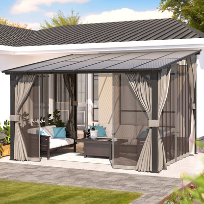 YODOLLA 12’ x 10’ Wall-Mounted Lean to Pergola Gazebo with Curtains and Netting