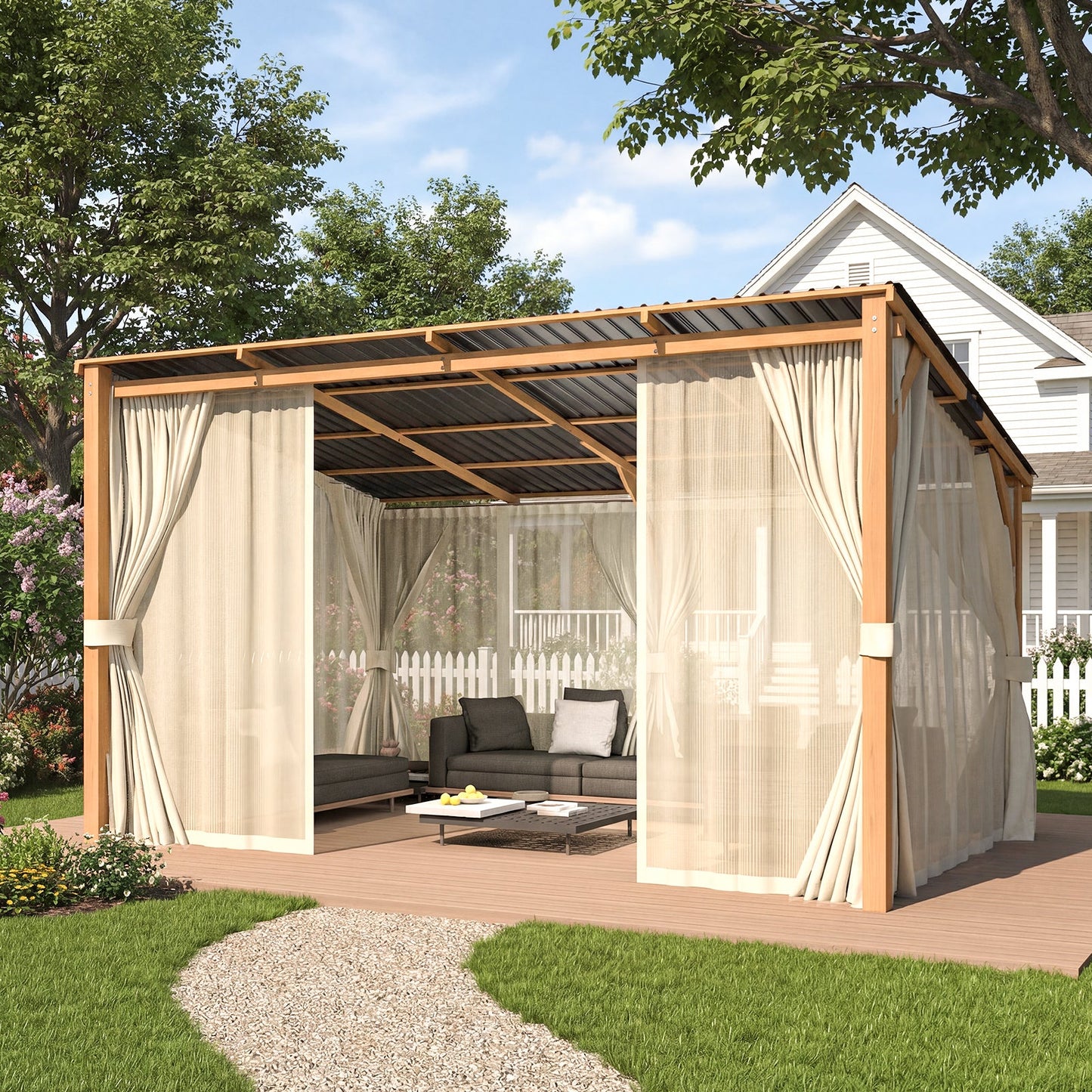 YODOLLA 10x14 Outdoor Wooden Pergola Gazebo with Curtains and Netting for Patio