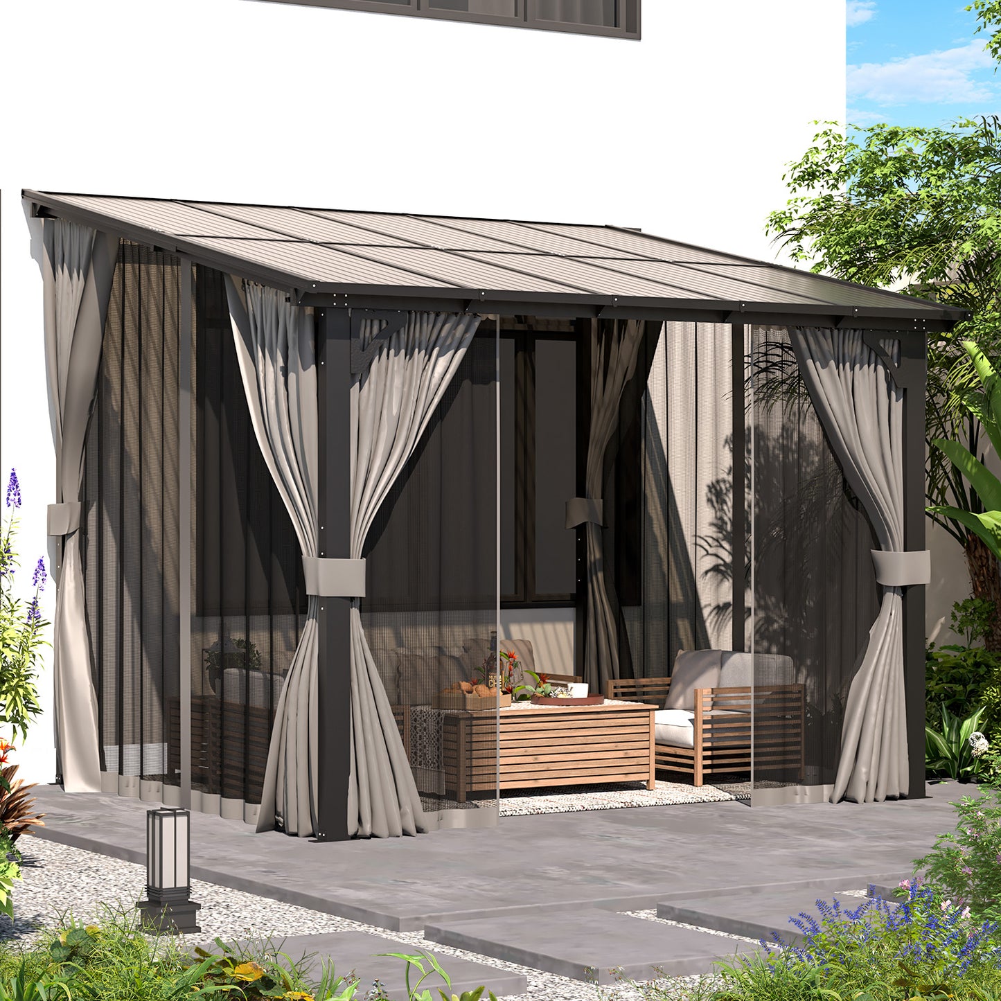 YODOLLA 10' X 8' Small Wall-Mounted Lean to Pergola Gazebo with Curtains and Netting