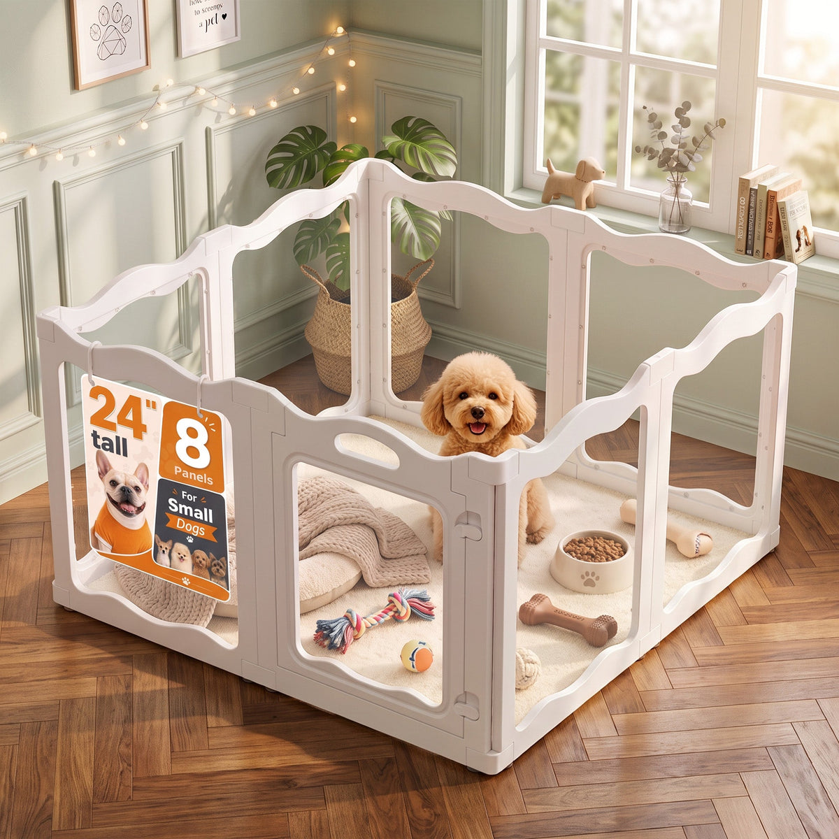 YODOLLA Pet Clear Acrylic Dog Playpen Indoor w/Door, 24" H, 8 Panels, White