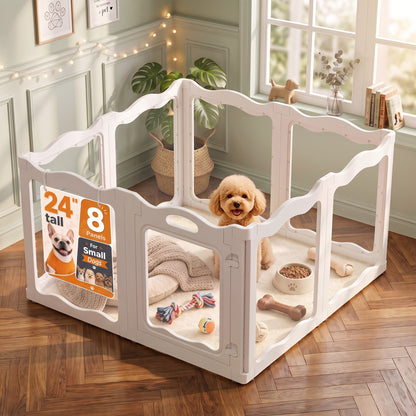 YODOLLA Pet Clear Acrylic Dog Playpen Indoor w/Door, 24" H, 8 Panels, White