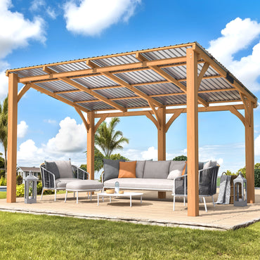 YODOLLA 14' x 10' Outdoor Wood Gazebo Lean to Hardtop Cedar Pergolas