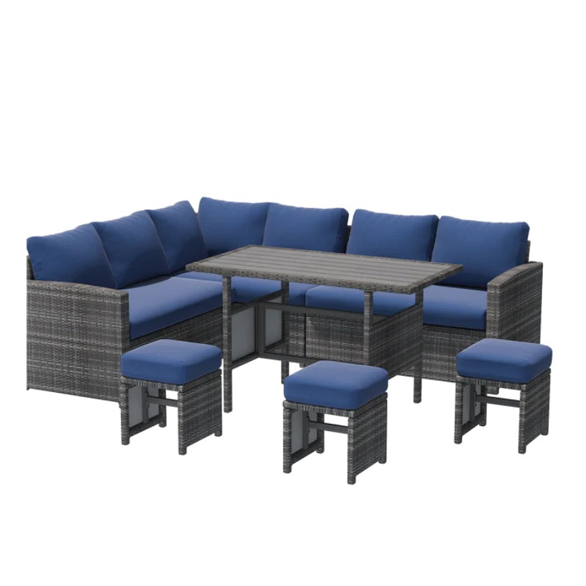 YODOLLA 7-Pc Patio Set, Grey Rattan & Blue Cushion