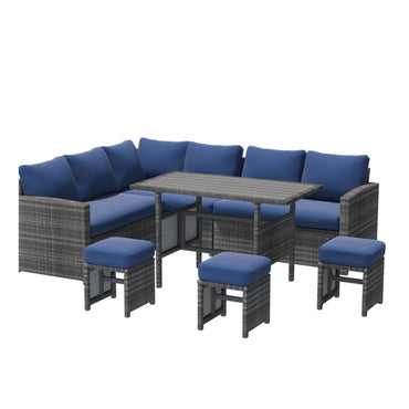 YODOLLA 7-Pc Patio Set, Grey Rattan & Blue Cushion