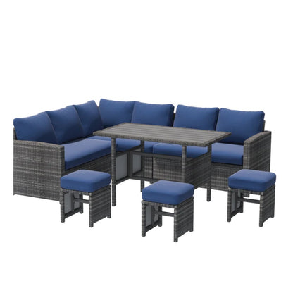 YODOLLA 7-Pc Patio Set, Grey Rattan & Blue Cushion