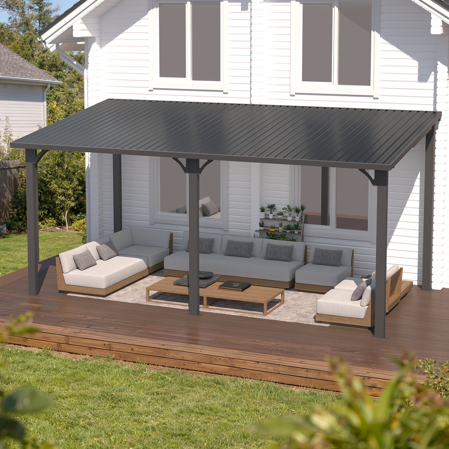 YODOLLA 16' x 8' Pergola Hardtop Gazebo Outdoor Lean to Metal Pergolas and Gazebos