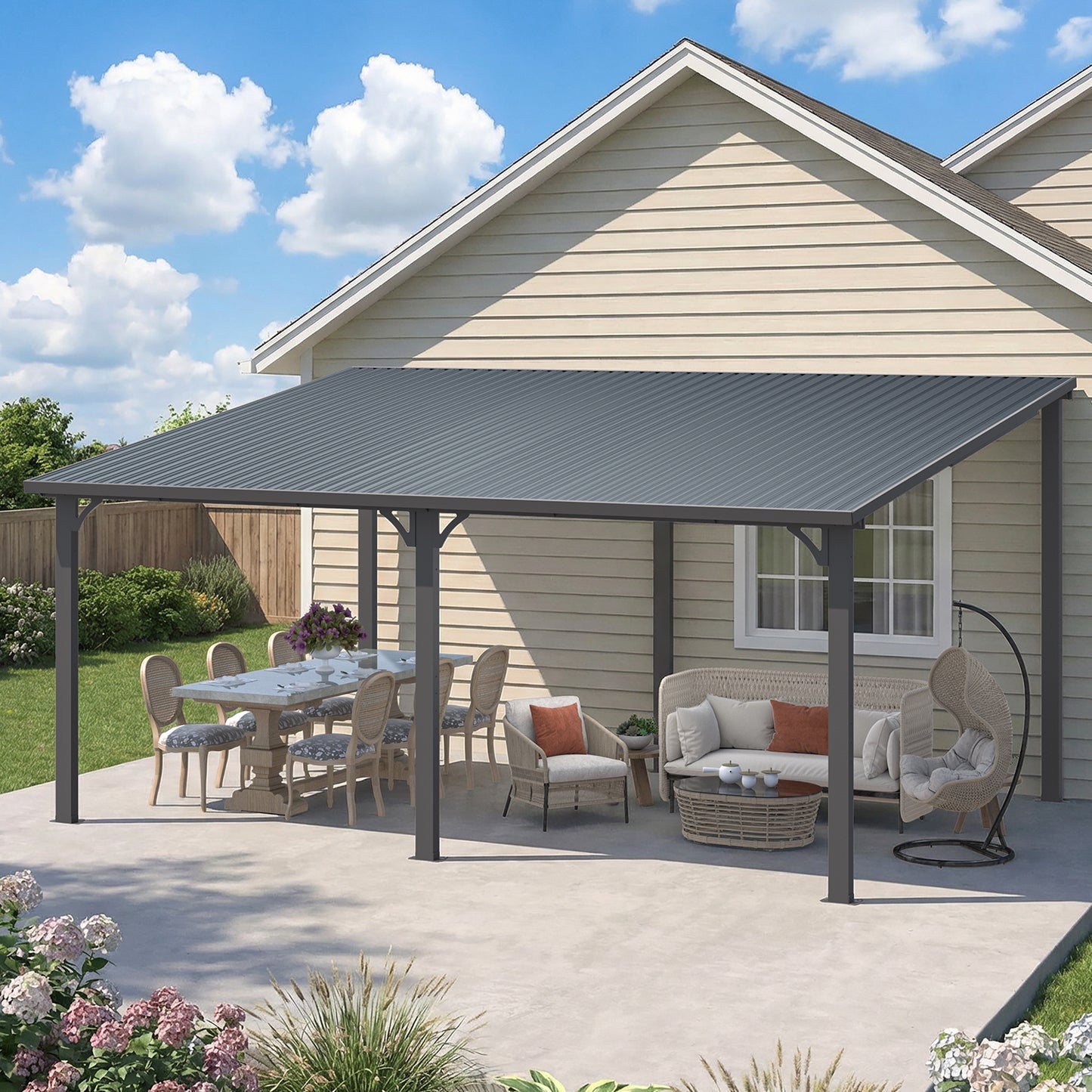 YODOLLA 16' x 12' Outdoor Pergola Hardtop Gazebo Wall-Mounted Lean to Metal Awnings Gazebos