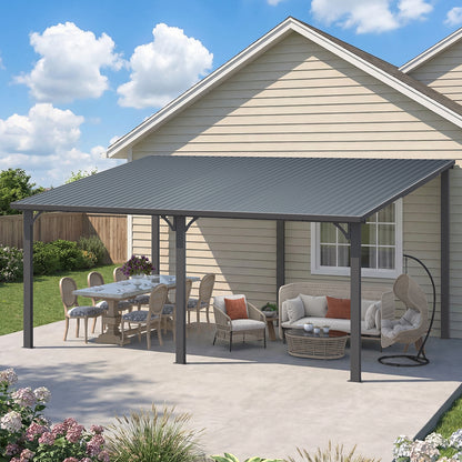 YODOLLA 16' x 12' Outdoor Pergola Hardtop Gazebo Wall-Mounted Lean to Metal Awnings Gazebos
