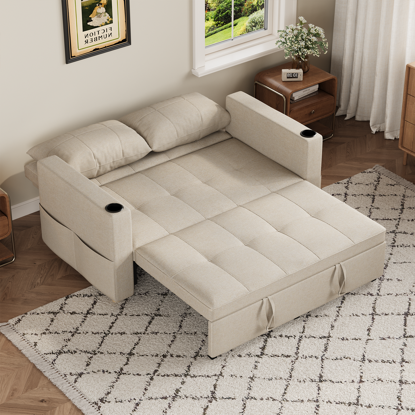YODOLLA Sleeper Chair Bed, 63" Extra Wide Convertible Sofa Bed for Adults, Beige