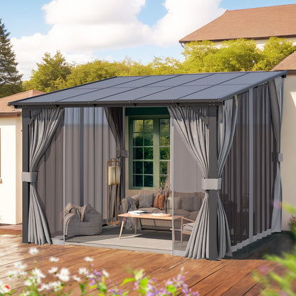 YODOLLA 10’ x 10’ Wall-Mounted Lean to Pergola Gazebo with Curtains and Netting