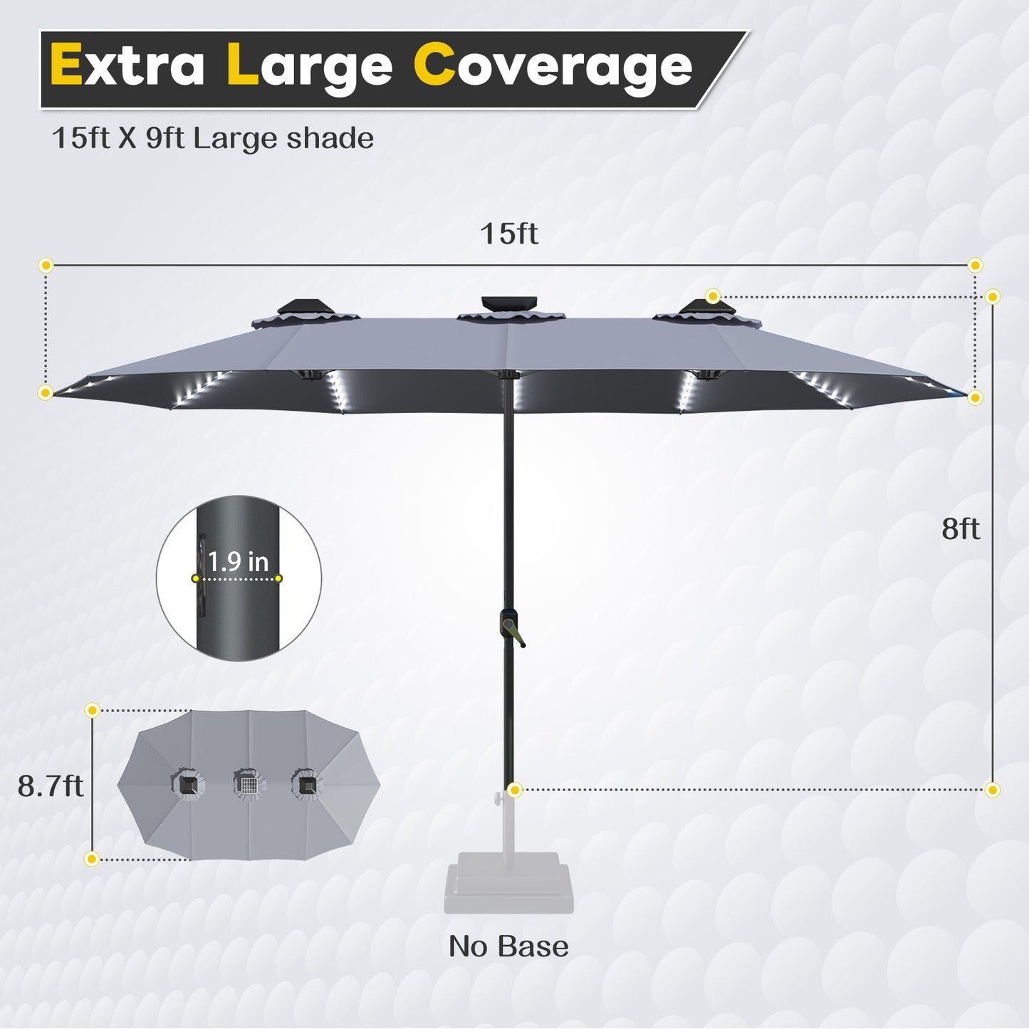YODOLLA 15ft Patio Umbrella with Solar Lights, Gray
