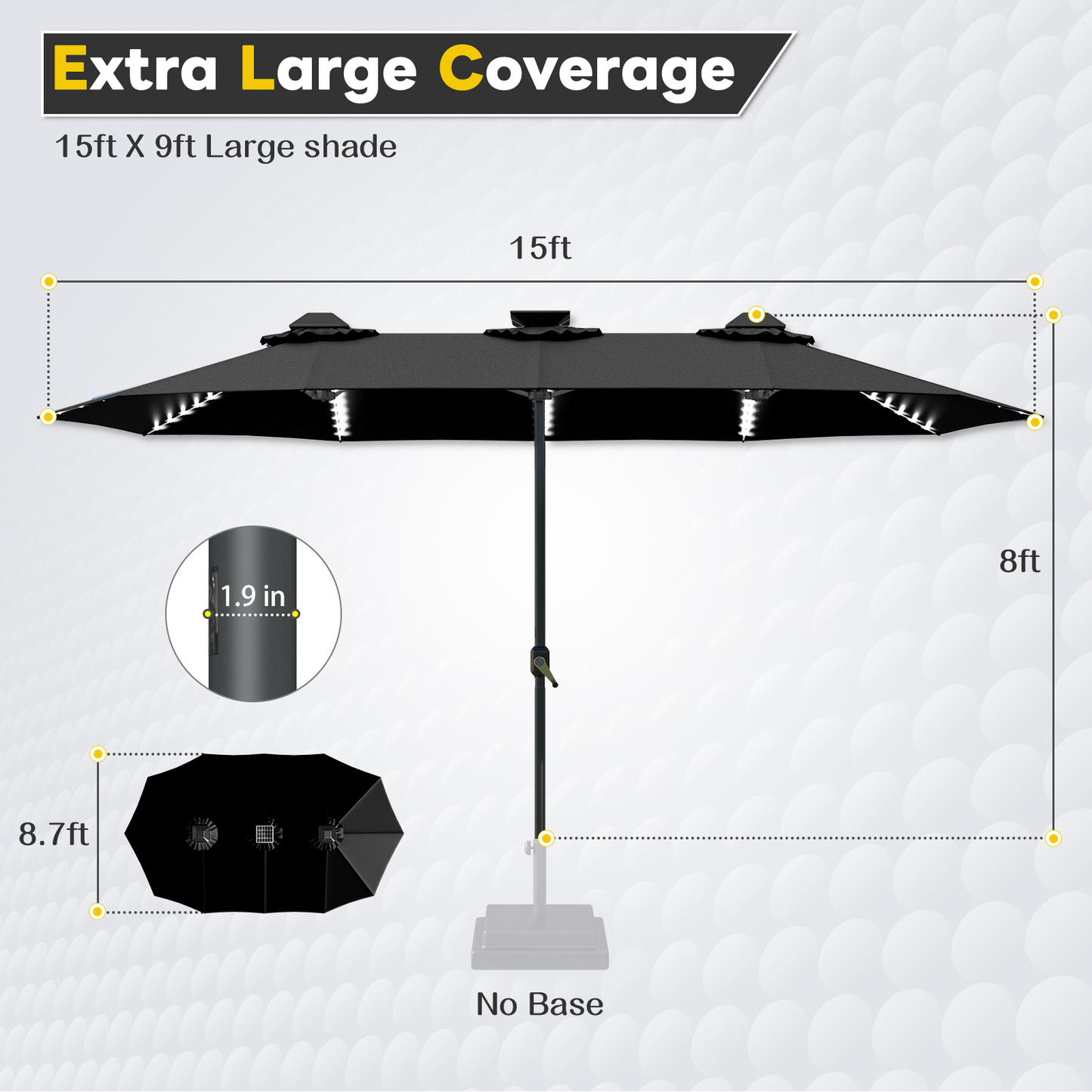 YODOLLA 15ft Patio Umbrella with Solar Lights, Black