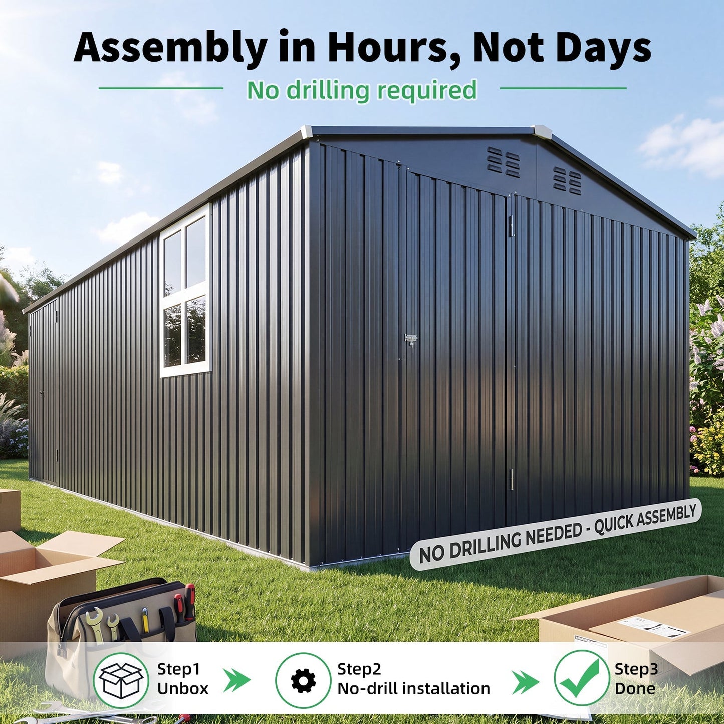 YODOLLA 20' x 10' Outdoor Storage Shed Large 10x20 Metal Sheds with Windows Utility Tool Storage