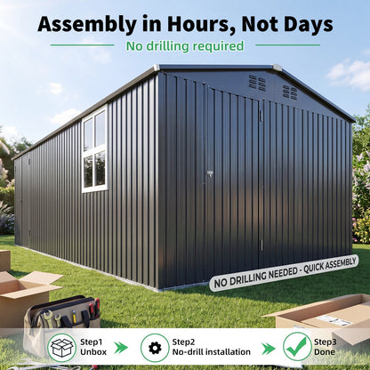 YODOLLA 20' x 10' Outdoor Storage Shed Large 10x20 Metal Sheds with Windows Utility Tool Storage