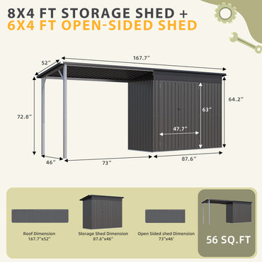 YODOLLA 8' x 4' Outdoor Open-Sided Metal Storage Shed with 56 Sq. Ft Covered