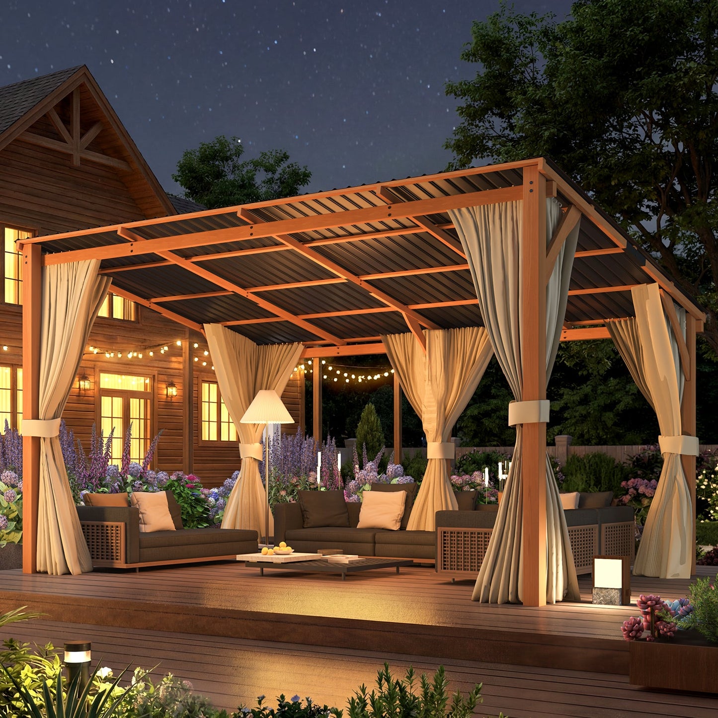 YODOLLA 10x14 Outdoor Wooden Pergola Gazebo with Curtains and Netting for Patio