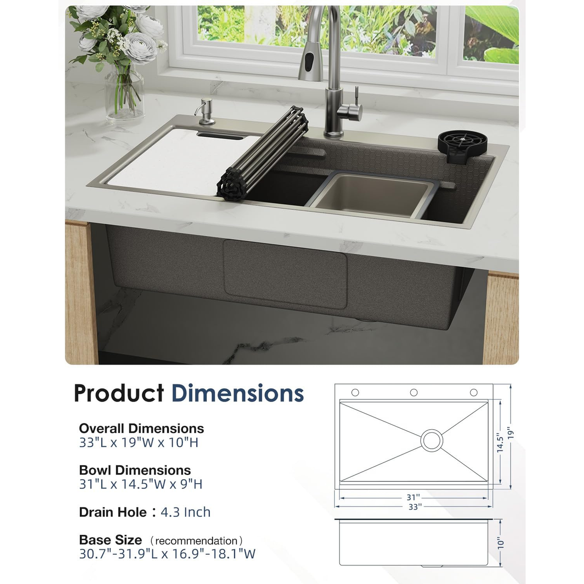 YODOLLA 33x19 Inch Drop in Kitchen Sink w/Faucet, 11 Gauge Stainless Steel