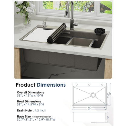 YODOLLA 33x19 Inch Drop in Kitchen Sink w/Faucet, 11 Gauge Stainless Steel