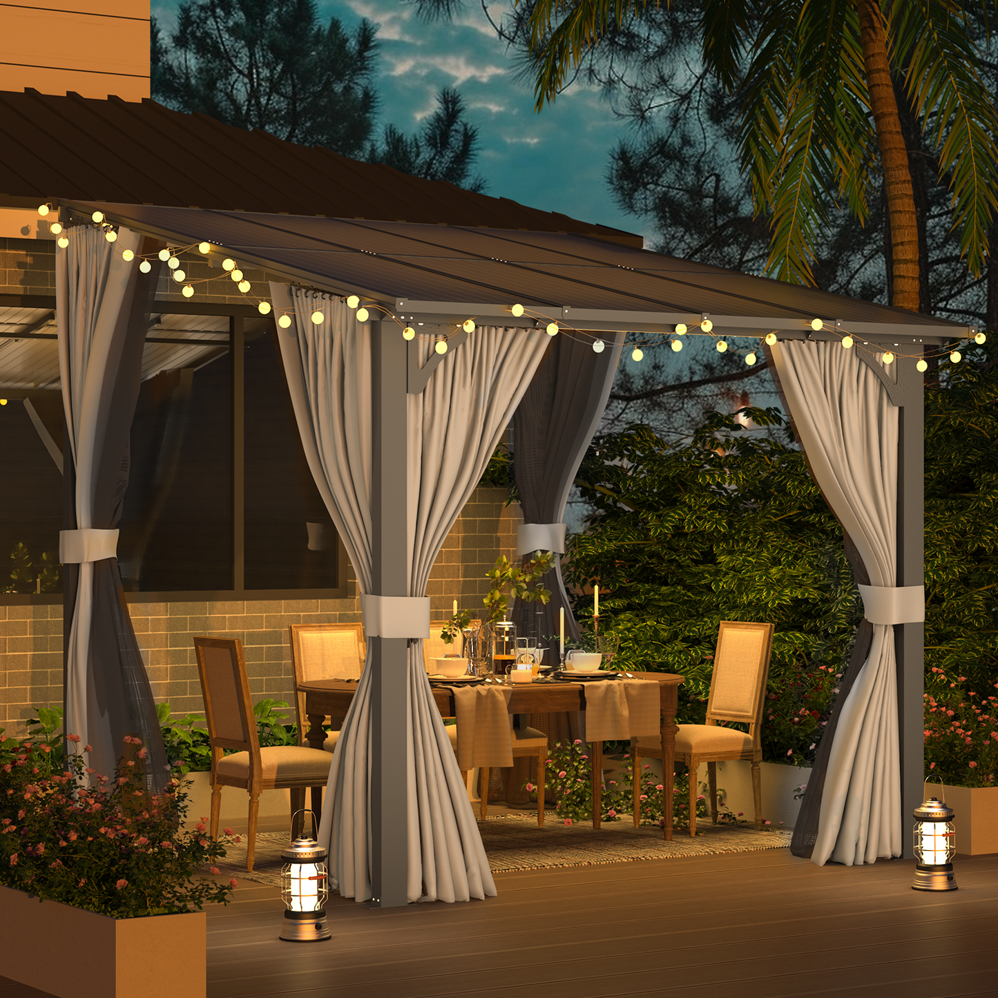 YODOLLA 8' X 8' Wall-Mounted Lean to Pergola Gazebo with Curtains and Netting