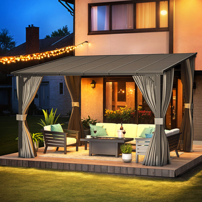 YODOLLA 12’ x 10’ Wall-Mounted Lean to Pergola Gazebo with Curtains and Netting