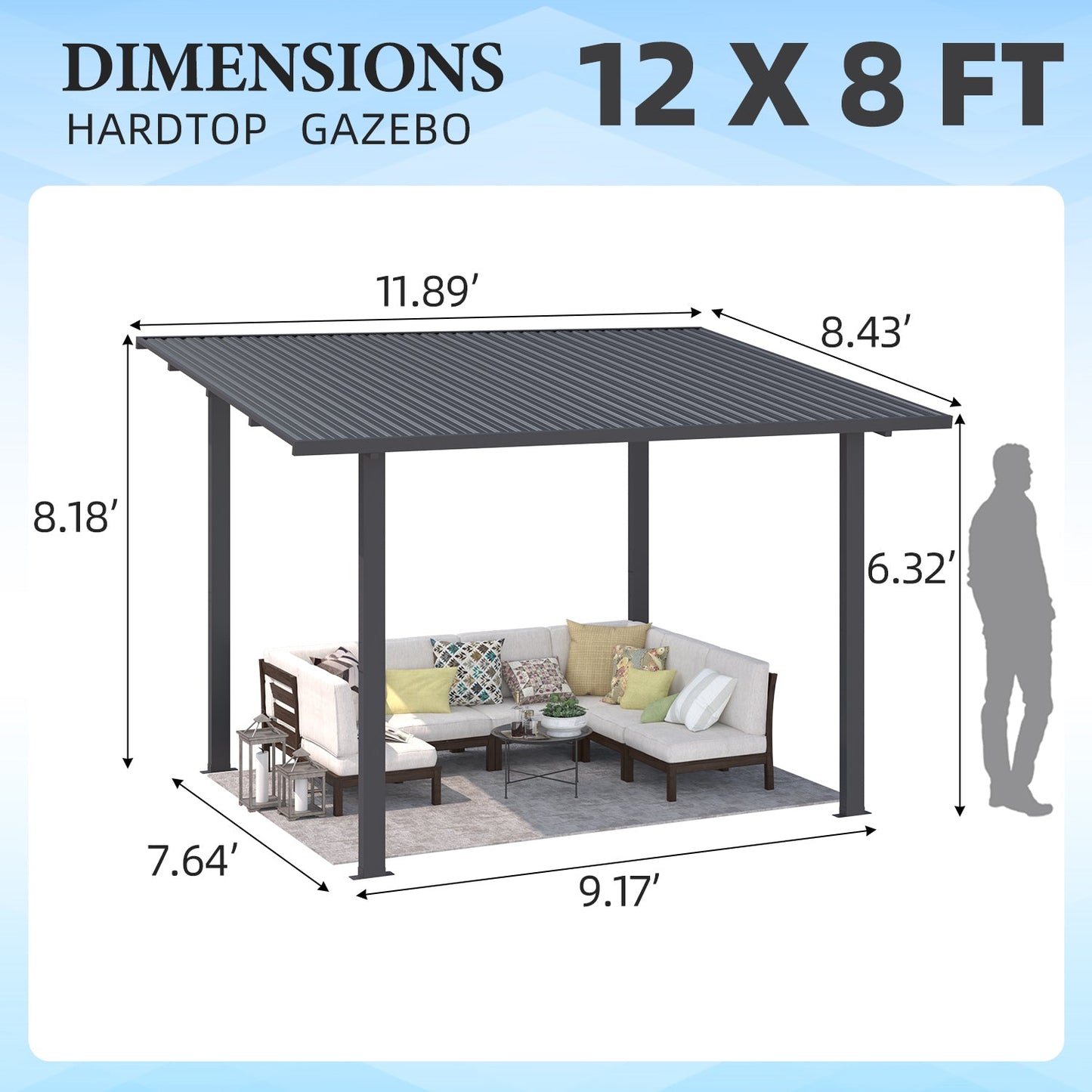 YODOLLA 12' x 8' Outdoor Hardtop Lean to Gazebo for Patio
