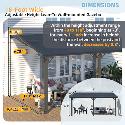 YODOLLA 10x16 Outdoor Hardtop Gazebo Adjustable Height (6.5-9.8Ft) Pergola
