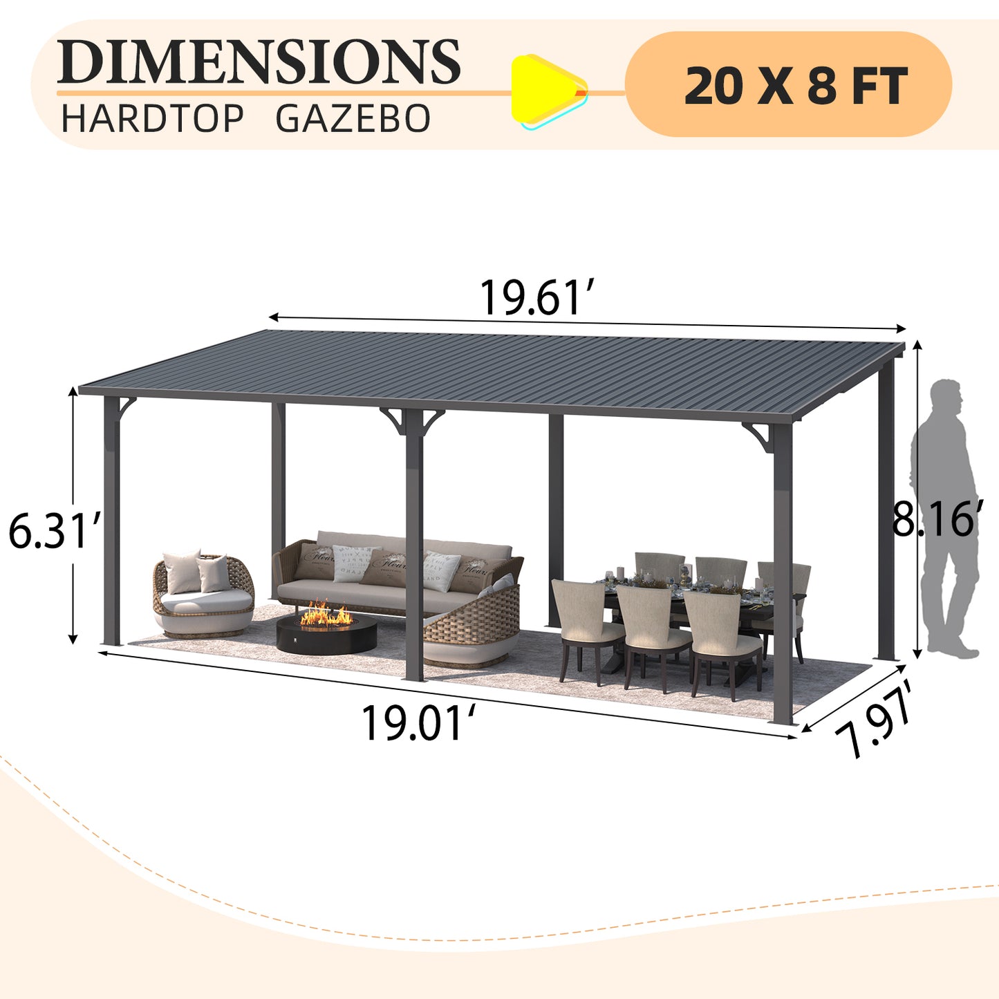 YODOLLA 20' x 8' Hardtop Gazebo Pergola Heavy Duty Lean to Metal Pergolas and Gazebos