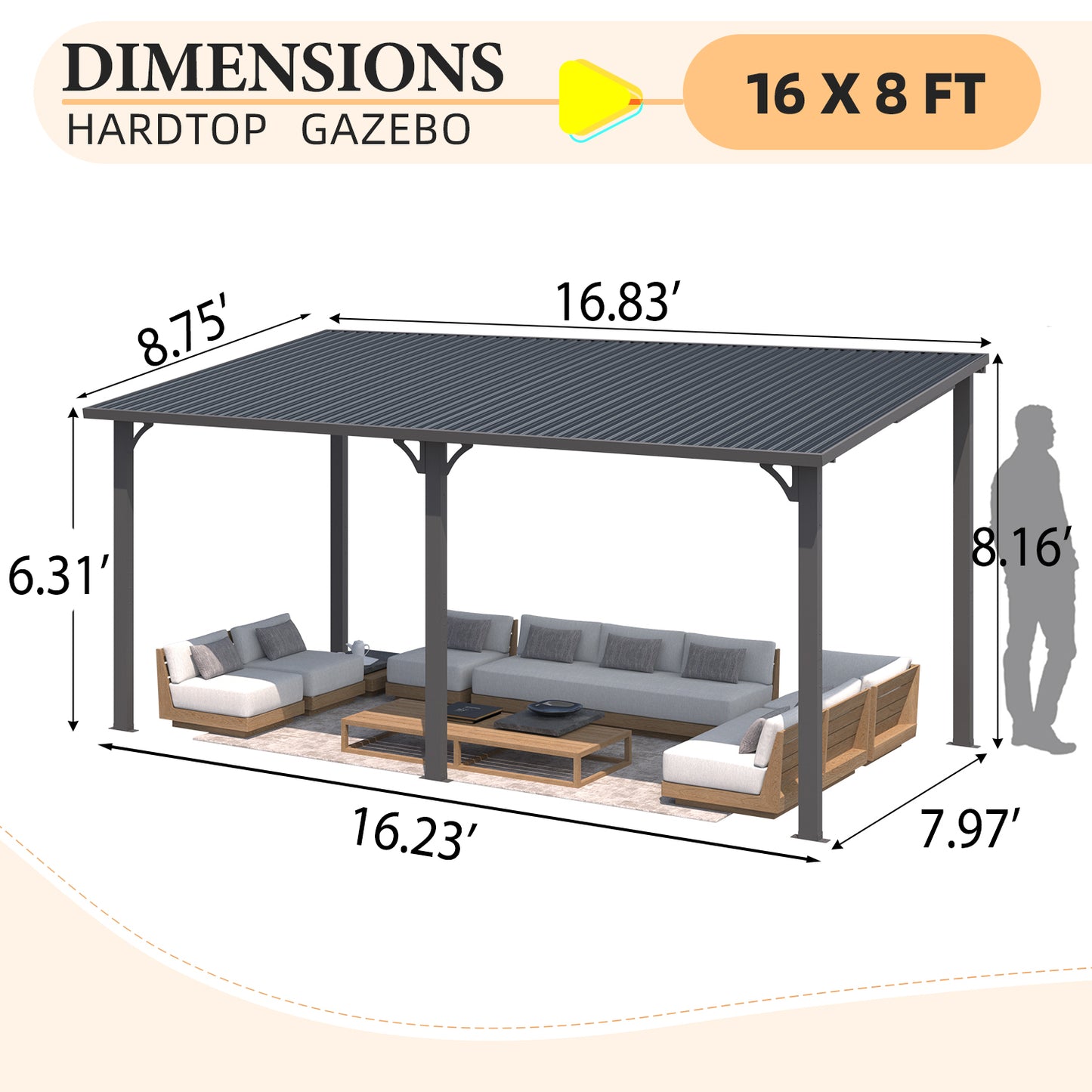 YODOLLA 16' x 8' Pergola Hardtop Gazebo Outdoor Lean to Metal Pergolas and Gazebos
