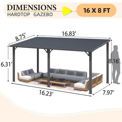 YODOLLA 16' x 8' Pergola Hardtop Gazebo Outdoor Lean to Metal Pergolas and Gazebos