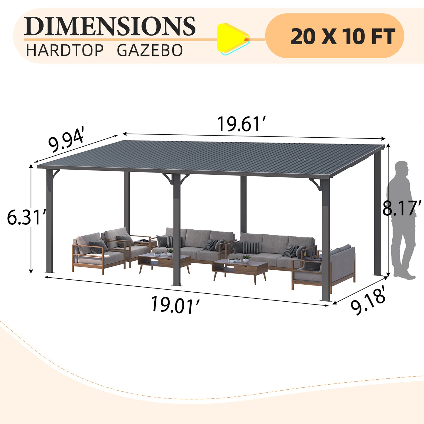 YODOLLA 20' x 10' Pergola Hardtop Gazebo Wall-Mounted Heavy Duty Lean to Metal Awnings Gazebos
