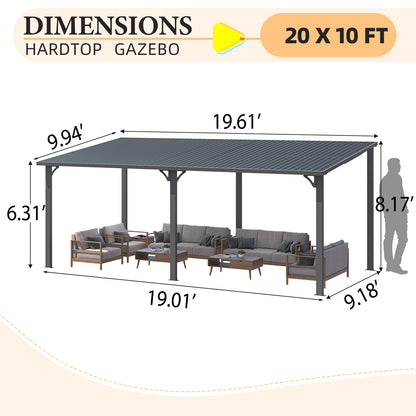 YODOLLA 20' x 10' Pergola Hardtop Gazebo Wall-Mounted Heavy Duty Lean to Metal Awnings Gazebos