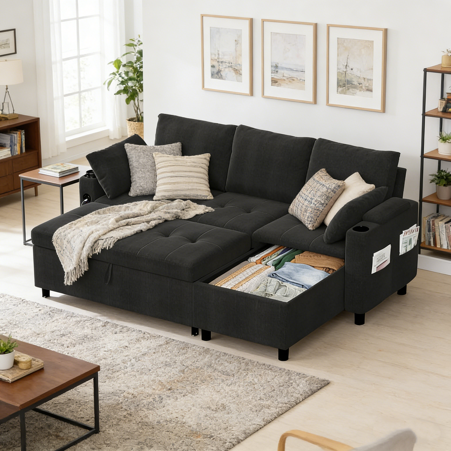 YODOLLA L-Shaped Sleeper Sofa, Pullout Bed, USB & Storage, Black