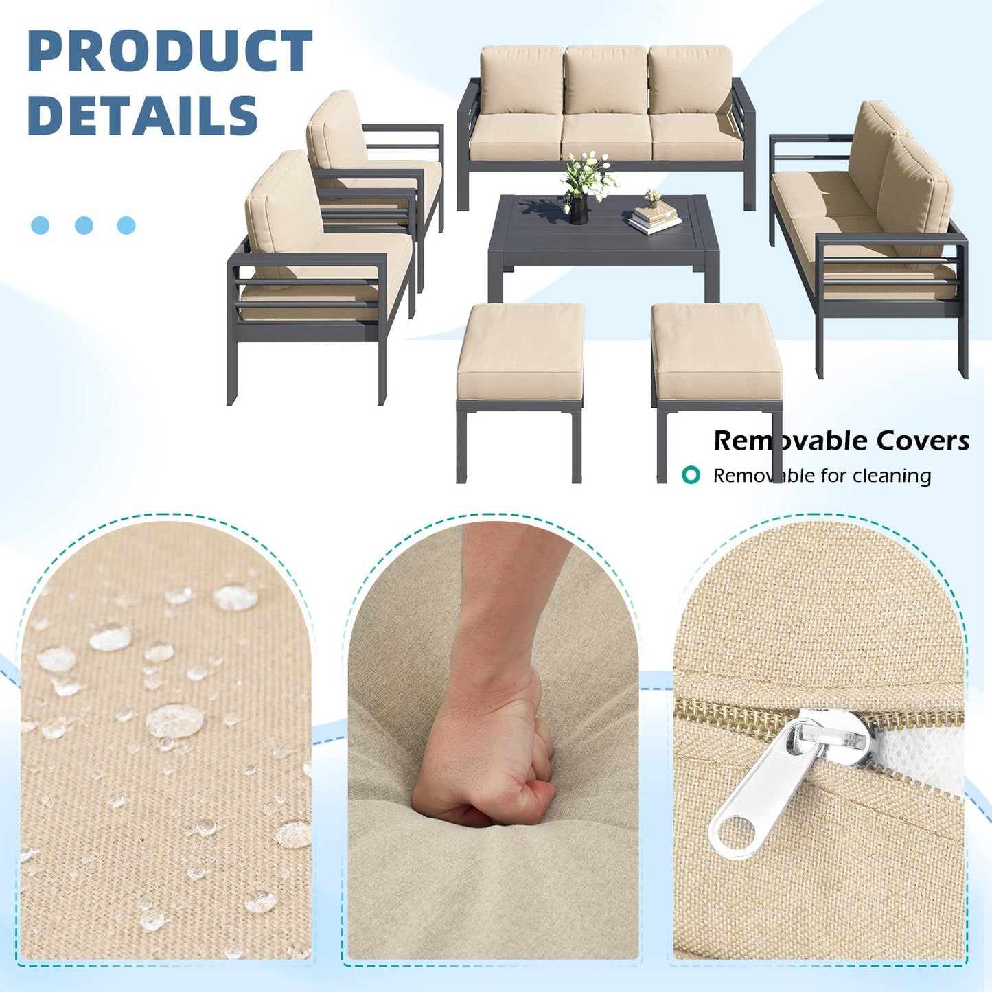 YODOLLA 7 Pieces Aluminum Patio Furniture Set, Beige Cushions