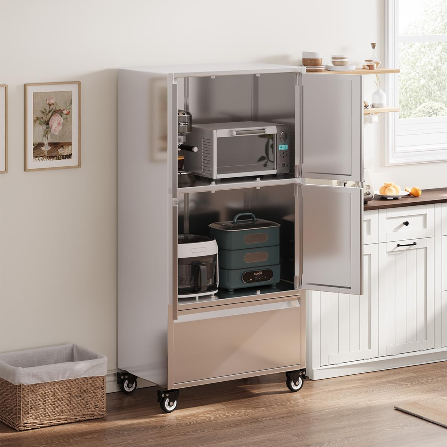 YODOLLA 58.3" Stainless Steel Storage Cabinet Tall Kitchen Pantry Cabinet