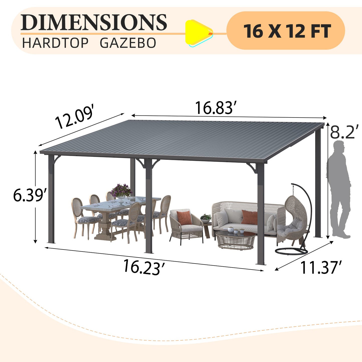 YODOLLA 16' x 12' Outdoor Pergola Hardtop Gazebo Wall-Mounted Lean to Metal Awnings Gazebos