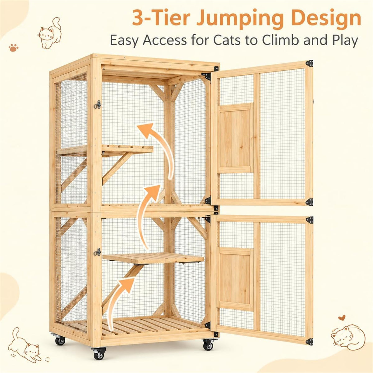 YODOLLA 60" Tall Catio Outdoor Cat Enclosure, Wooden Cat House, Natural