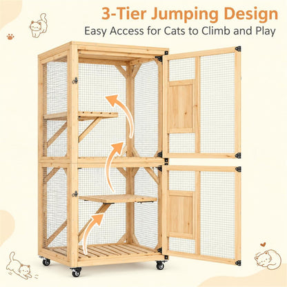 YODOLLA 60" Tall Catio Outdoor Cat Enclosure, Wooden Cat House, Natural